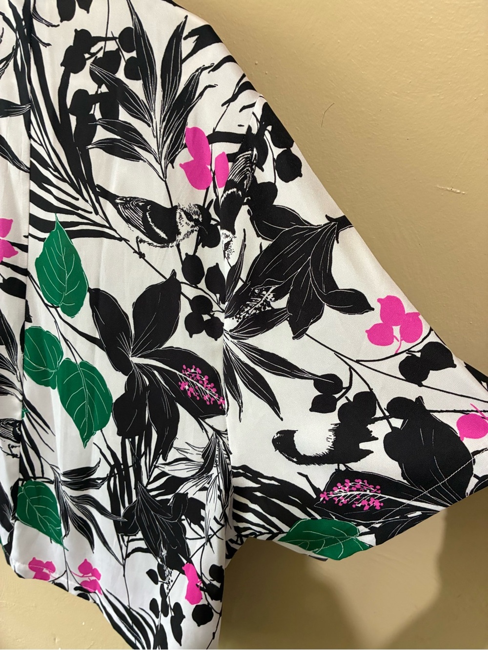 Worthington White Botanical Print Draped Neck Blouse with Green & Pink Accents - Picture 4 of 8